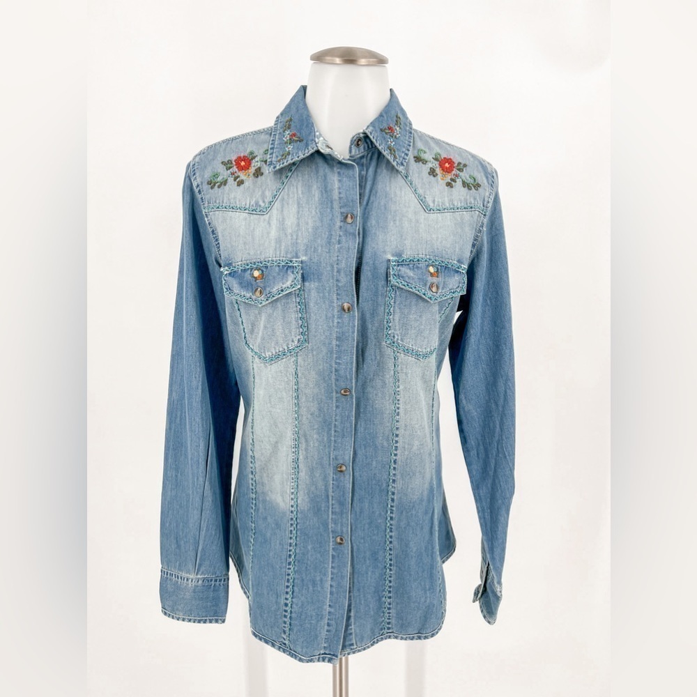 Tasha Polizzi Denim Shirt with floral embroidery